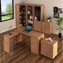 Kit Escritório 6 Peças com Mesa para Escritório em L, Balcão,  Gaveteiro,  Armário Multiuso Alto e 2 Estantes Amendoa