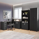 Kit 3 Peças com Mesa para Escritório em L, Armário Multiuso Alto Aberto e Armário Fechado Preto Tx