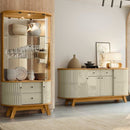 Conjunto Buffet Mônaco e Cristaleira Moss em MDP com Portas Curvas, Vidro e LED Madetec Cumaru/opala