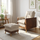 Poltrona Decorativa York com Puff – Linho com detalhe em Courino – Just Time Courino Bege/Camel